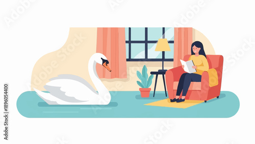 Peaceful scene woman reading in armchair, swan on water