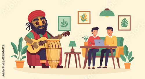 Musician serenades two men working on laptops in a cozy room