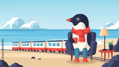 Penguin in armchair on beach with red scarf, holding mug, train passes by
