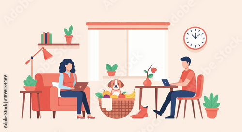 People and dog working remotely from home in a cozy room setting