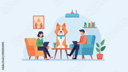 People and dog working together in a cozy room