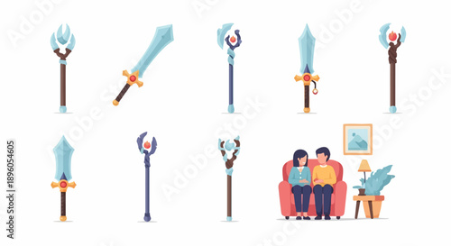 Magical staffs and swords displayed with a couple relaxing on a couch