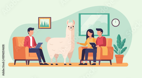 People and llama in a modern living room with a plant