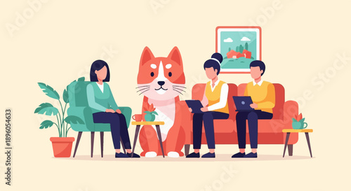 People and large dog sitting on sofa and chair in room with plants