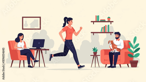 People and pet enjoying various activities in a cozy indoor setting