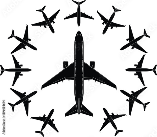 Airplane silhouette composition, top view aircraft circle layout, commercial aviation concept, jet plane icons, monochrome vector illustration setAirplane silhouette composition, top view aircraft cir