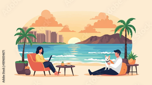 People enjoying a relaxing beach scene with a laptop and a dog