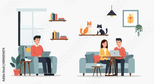 People and pets in cozy home setting with laptops, working remotely
