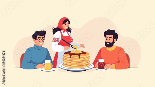 People enjoying a stack of pancakes and drinks at a table