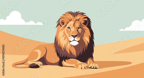Majestic lion reclines on sand dunes under a pastel sky with clouds