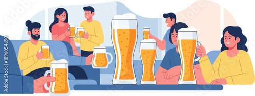 People enjoying beers and conversations in a vibrant, modern setting