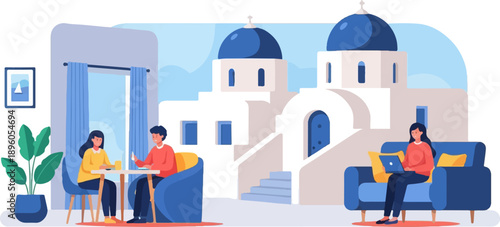 People enjoying a sunny day in front of iconic blue-domed buildings