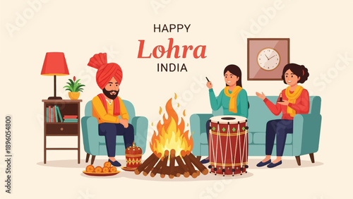 People celebrate Lohri festival with fire, drum, and traditional attire
