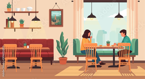 People enjoying refreshments in a cafe with a city view