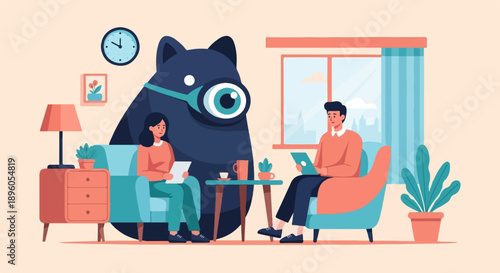 People in living room with giant friendly dog figure observing