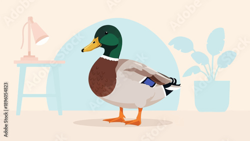 Mallard duck stands beside a table with a lamp and a plant