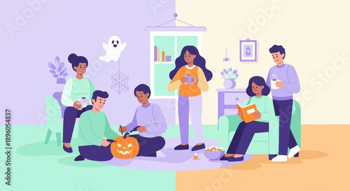 People celebrating Halloween indoors, carving pumpkin, drinking hot beverages