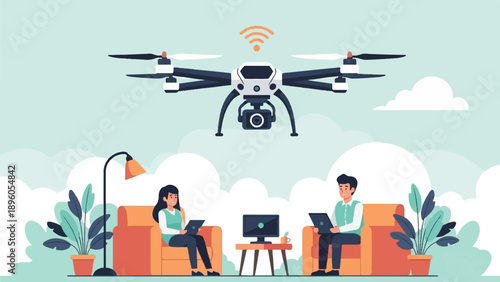 People in living room interact with drone technology for remote viewing