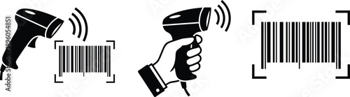 Barcode scanner illustration set, handheld laser barcode reader scanning product code, retail inventory checkout vector icons flat designBarcode scanner illustration set, handheld laser barcode reader