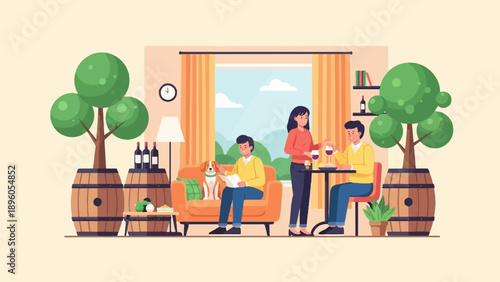 People enjoying wine and relaxation in a cozy indoor setting with plants and decor