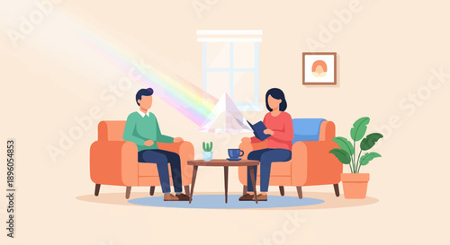 People in living room with prism refracting light to rainbow colors