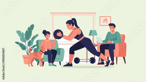 People exercising at home with a dog and technology