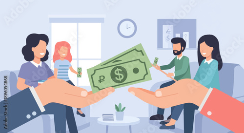 People exchanging money in a simplified indoor setting