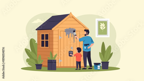 Man and child paint a wooden shed outdoors, garden scene