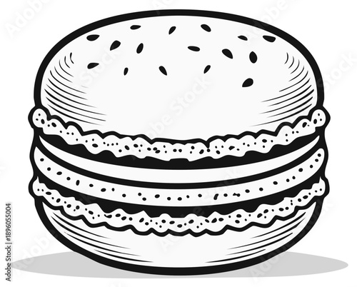 Detailed black and white illustration of a delicious burger with sesame seeds, vintage food art.