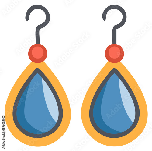 Stylized teardrop earrings with blue gemstones and gold rims, isolated vector illustration