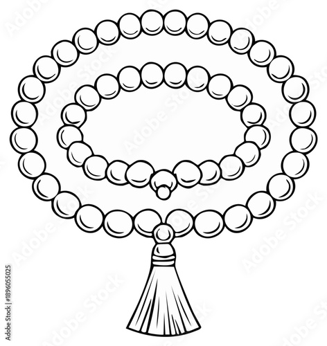 Circular string of beads, mala necklace with tassel, religious items, prayer beads, spiritual accessory, illustration