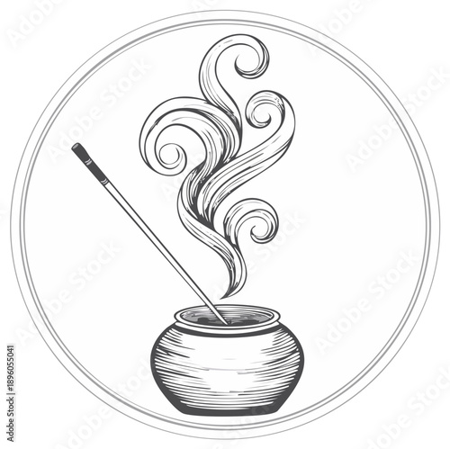 Brewing cauldron with smoking liquid and stirring stick vector design illustration sketch art