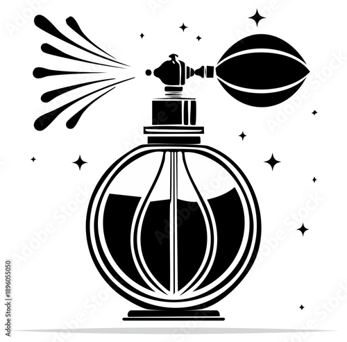 Elegant Glass Perfume Atomizer Dispensing Scent with Stars Black and White Illustration