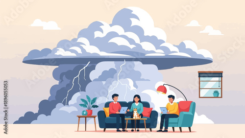 People indoors using laptops with a severe thunderstorm outside