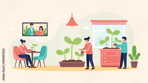 People indoors tending to young plants and watching gardening on screen