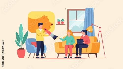 People collaborate in a living room to paint a portrait of a dog