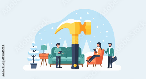 People interact in a snowy, surreal scene with a giant hammer