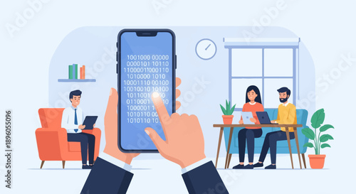 People collaborate in a modern office space, interacting with digital devices