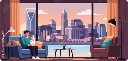 Man and dog relax in a cozy apartment overlooking a city skyline at sunset