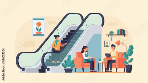 People interact near escalators and seating areas, enjoying indoor ambiance