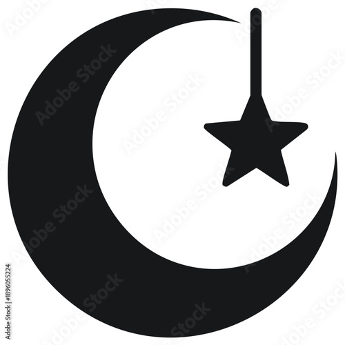 Simple black crescent moon and star icon representing Islamic faith and culture