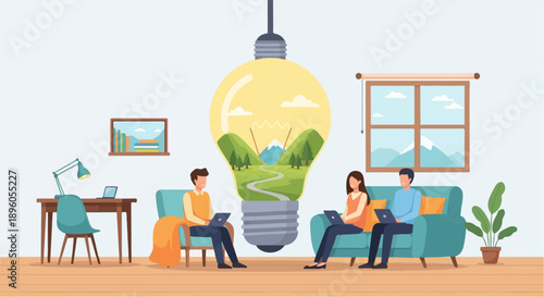 People collaborating and brainstorming inside a giant light bulb idea
