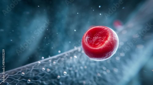 Red blood cell floating above a mesh surface amidst particles in a blue environment from a close-up viewpoint