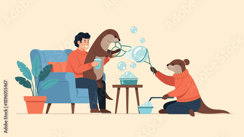 Man and otters enjoy bubble bath fun indoors with blue couch and potted plant