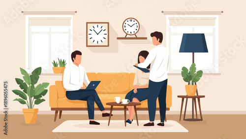 People collaborating in a living room with plants and clocks