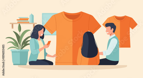 People interacting with giant t-shirts and plant