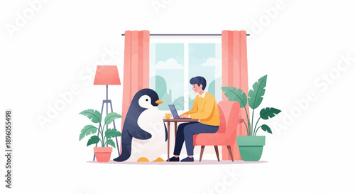 Man and penguin work together at a table in a cozy room