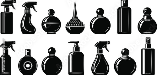 Bottle silhouettes, cosmetic containers, spray bottles, pump dispensers, packaging design, black icons, cleaning products, personal care, household items, plastic shapes, branding mockup,