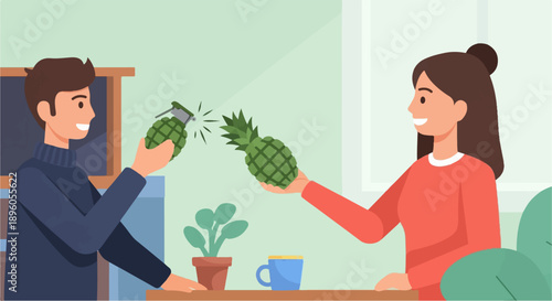 Man and woman holding grenades and pineapple in a room