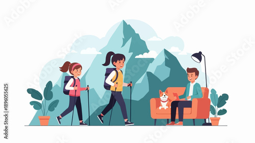 People hiking and relaxing in contrasting environments